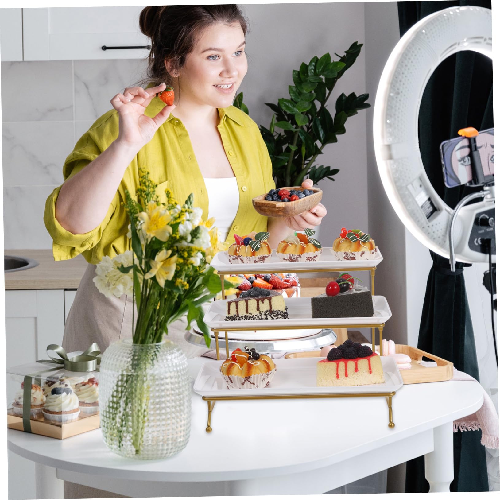 PRETYZOOM Alzata da Portata per Cibo Vassoi da Portata per Feste e Esposizione di Cibo Supporto per Vassoi in Plastica Bianca per Tavolo da Dessert e Buffet