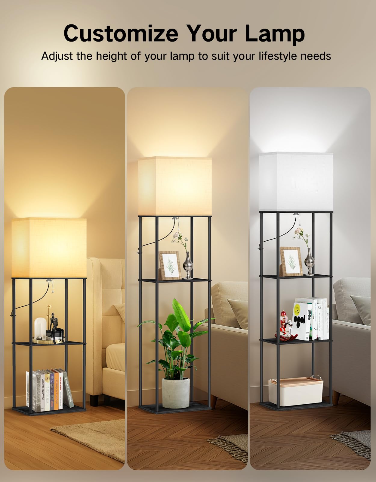 OUTON Lampada da terra con 3 ripiani, piantana design moderno con ripiano | in legno, libreria alta a 3 temperature di colore, LED lettura regolabile, Salotto, Camera, Ufficio (Nero)