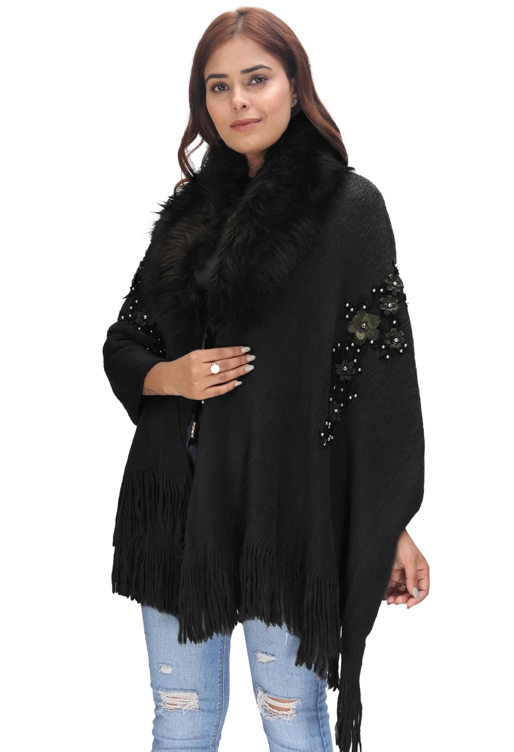 manra Women Solid Woolen Kashmiri Flower Embroidery Neck Fur Stole (SC 26)-picture-22
