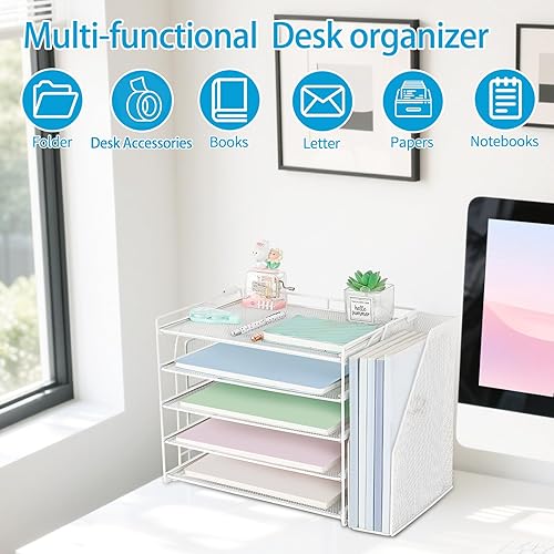 Miniatura 6 de AUPSEN Organizadores y accesorios de escritorio blancos, organizador de papel con bandeja de letras de 5 niveles con soporte ajustable para