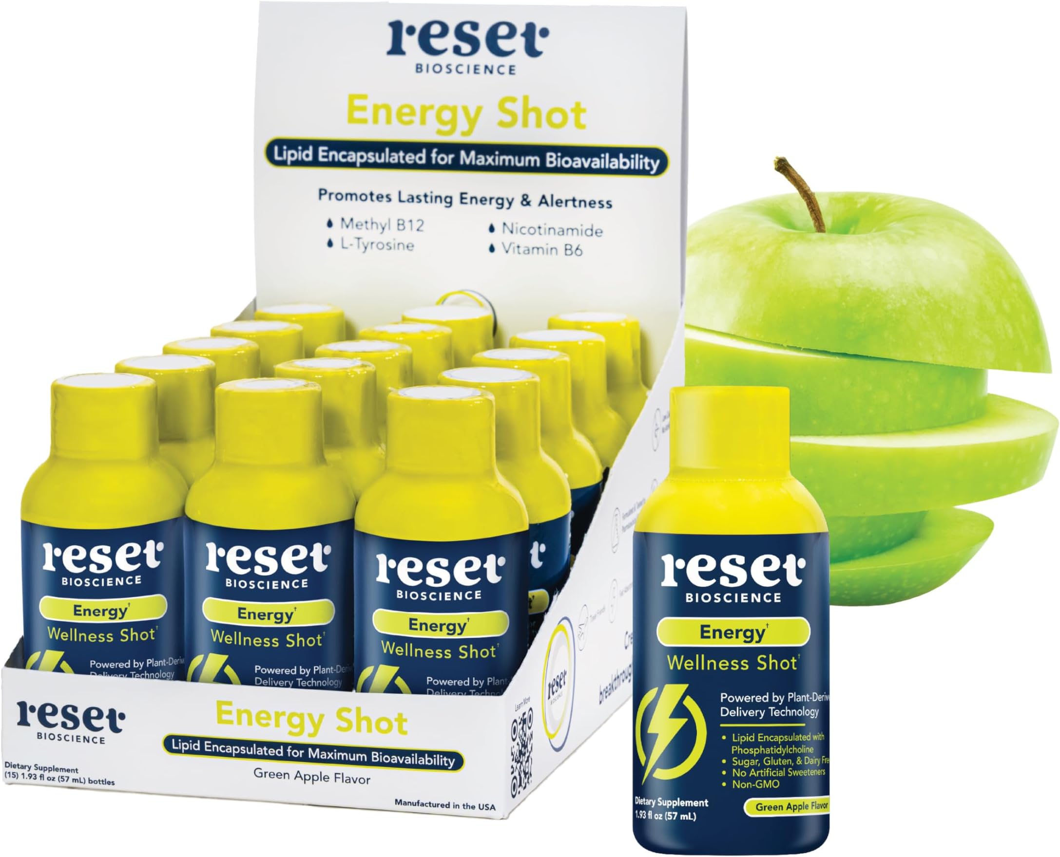 Energy Wellness Shot - Sugar Free Natural Daily Energy Booster - B Vitamins + Amino Acids + Lipids - Caffeine Free Focus - No Artificial Ingredients, Non-GMO, GF (Green Apple 15 Pk)