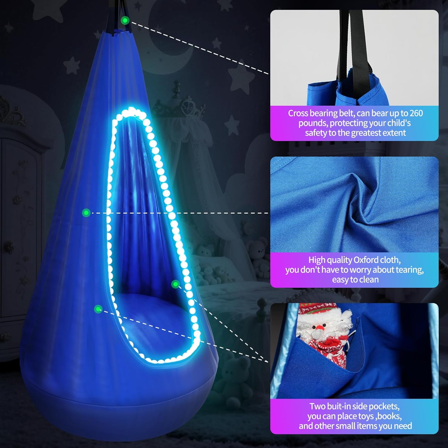 Light Up Kids Pod Swing Seat, Upgraded Sensory Pod Swing Hanging Hammock Swing Chair, Max 260Lbs Sensory Swing for Kids with USB LED Lights Indoor & Outdoor Halloween