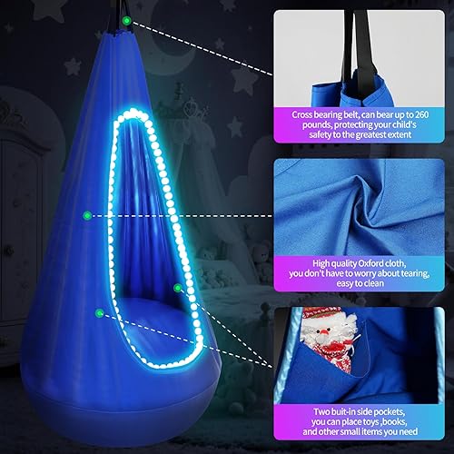 Miniatura 6 de Asiento columpio para niños, hamaca colgante con tira de luces LED y cojín inflable, silla giratoria sensorial para exteriores e interiores, máximo