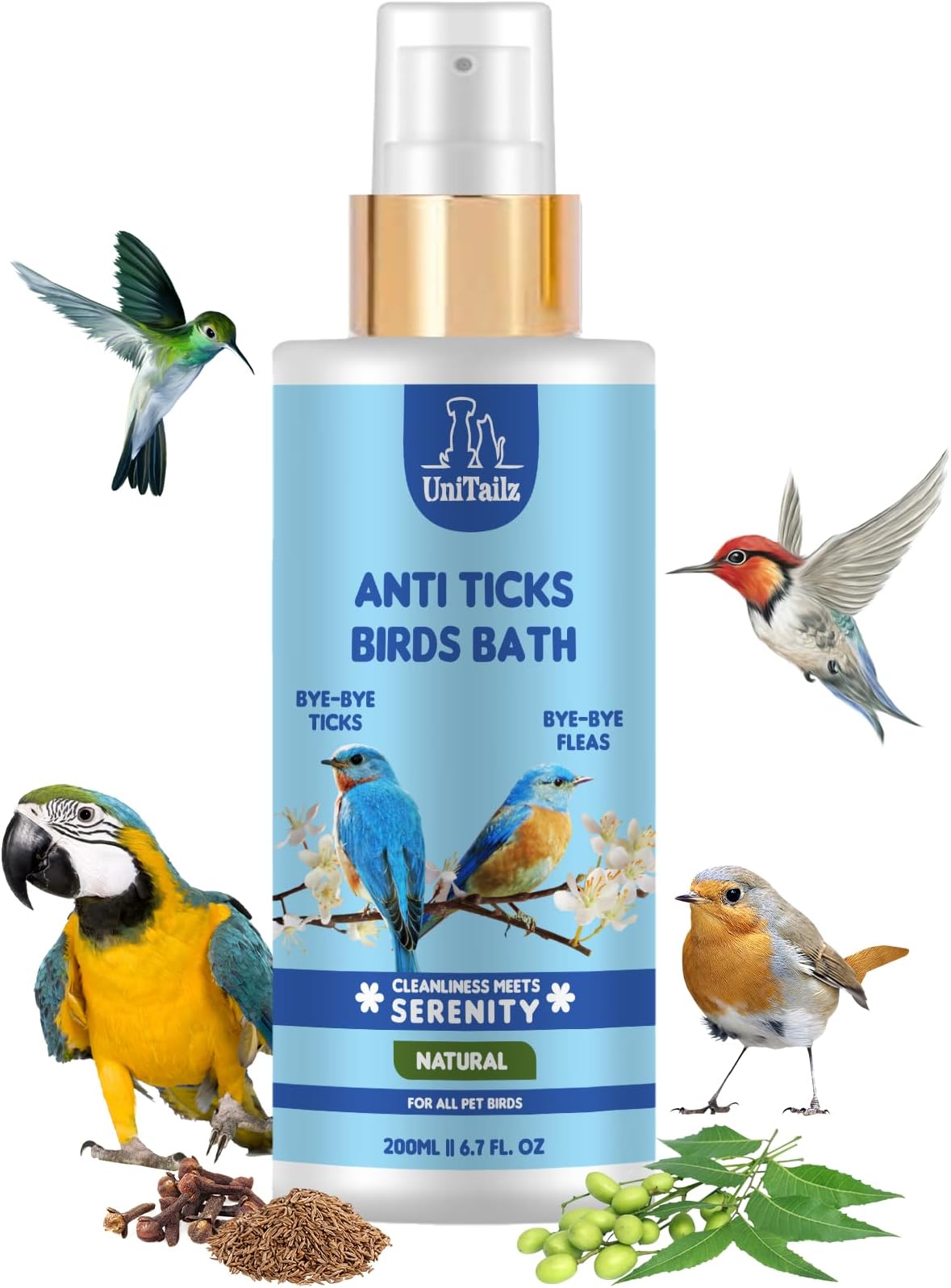 Anti Ticks Birds Bath Shampoo For Bird, Parrot, Pigeon, Sparrow |Waterless Spray Bird Shampoo For Ticks, Fleas, Lice, Anti-Itching, Softens The Feathers |Easy To Use For All Bird Breed –200ml