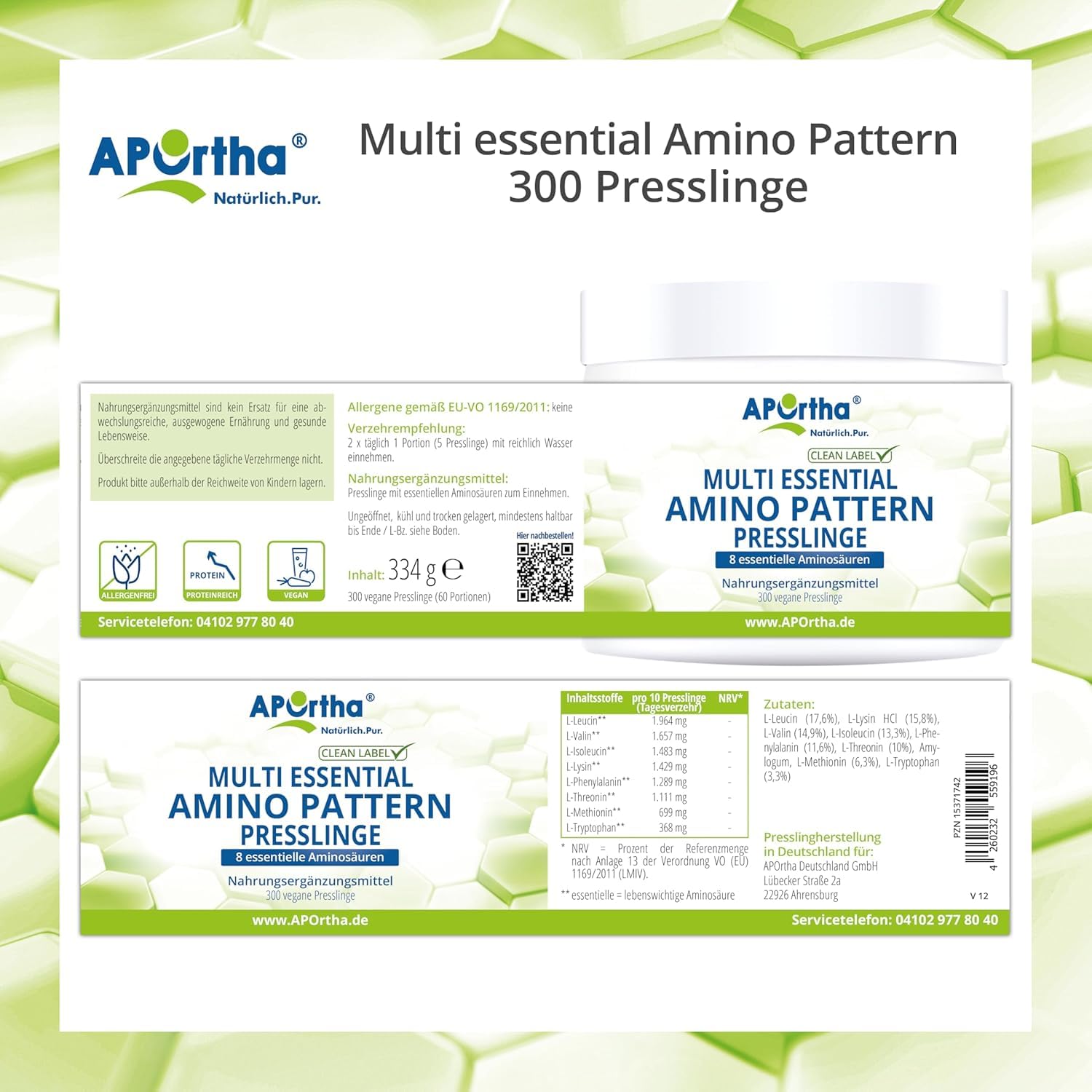 APOrtha® Multi Essential Amino Pattern – 300 Presslinge mit 8 essentiellen Aminosäuren nach Prof. Dr. Lucà-Moretti, ausgewogenes Aminosäuren-Profil, EAA Presslinge, vegan