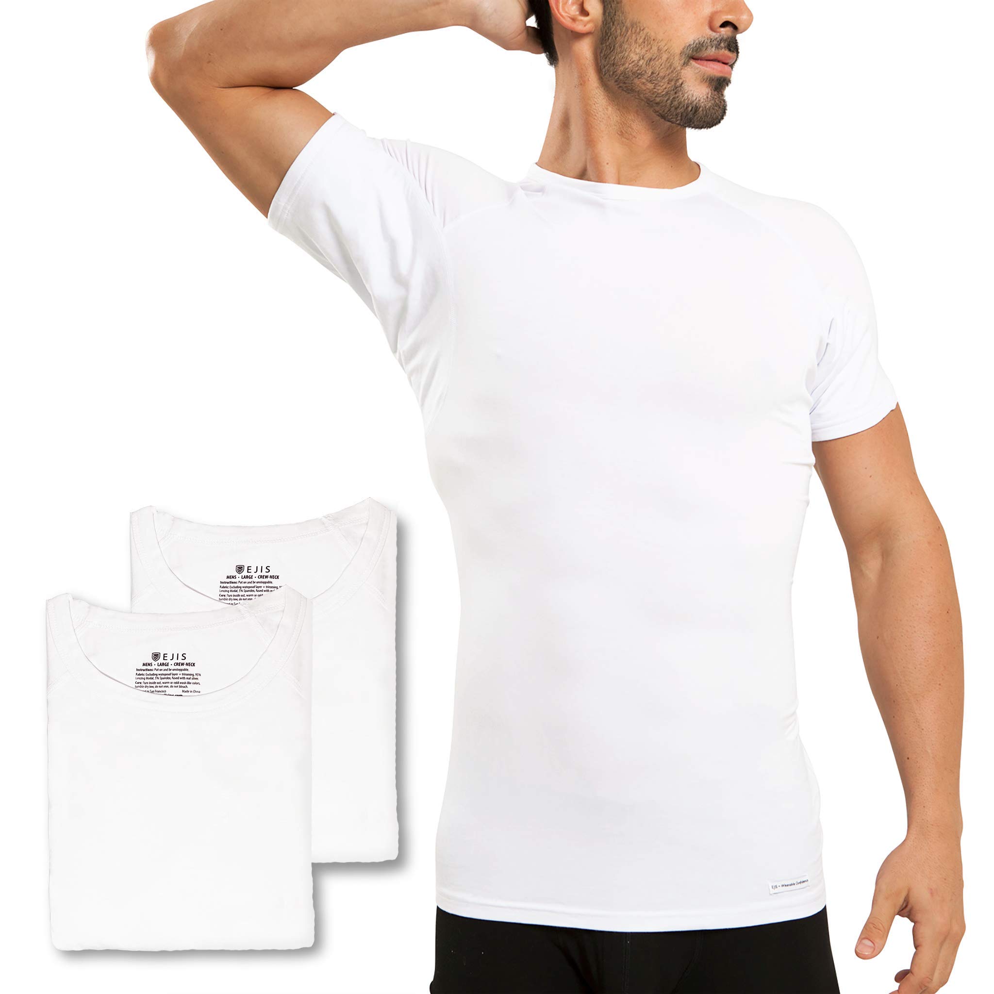 Sweatproof Undershirt Mens Modal Crew w Sweat Pads, Silver Treated to Fight Embarrassing Odor Aluminum Free Alternative 3pk
