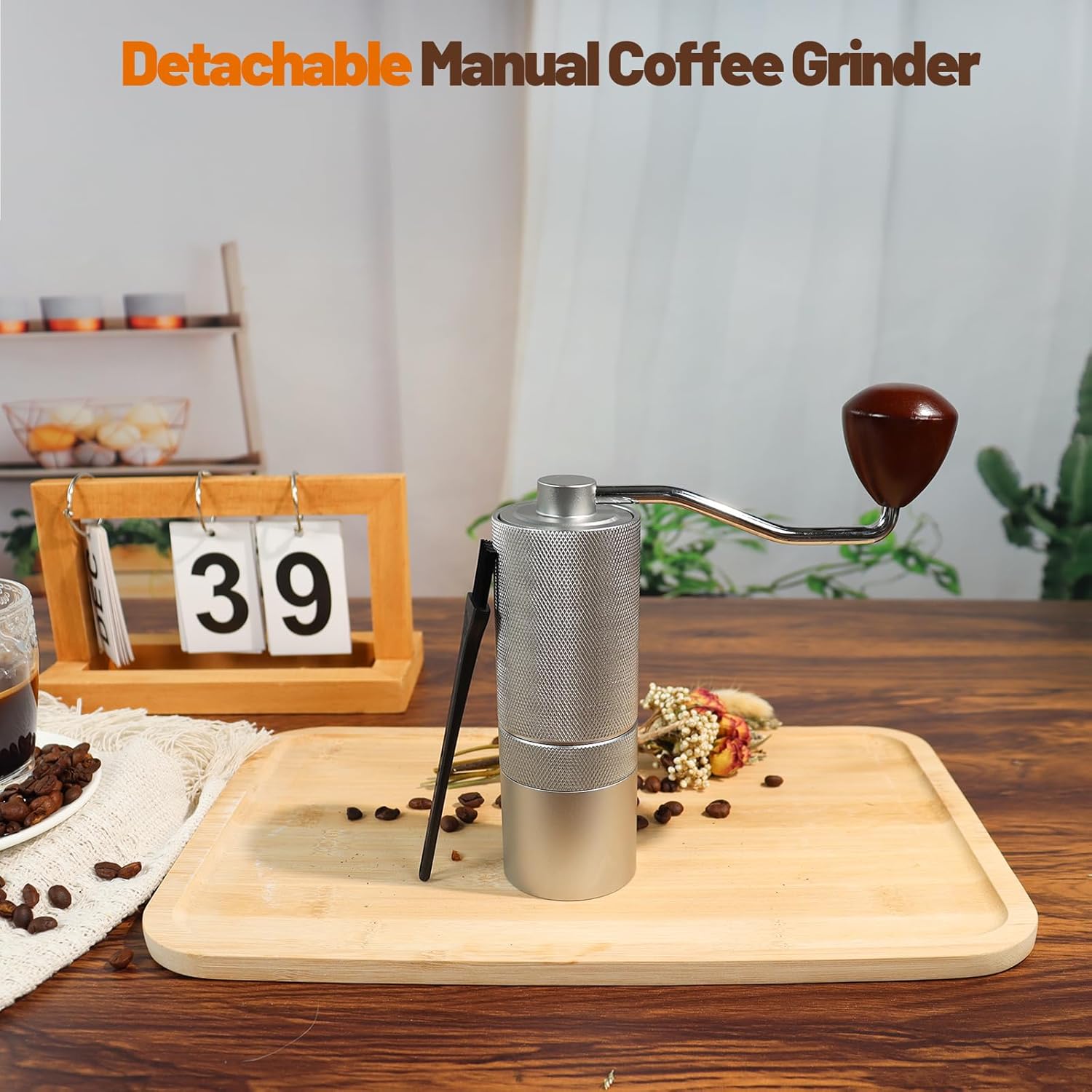 Manual Coffee Grinder Detachable Stainless Steel Conical Burr Aluminum Coffee Bean Grinder with 25 Grinding Settings Cleaning Brush Grindable Espresso Moka Pot French Press for Camping Silver - Image 9