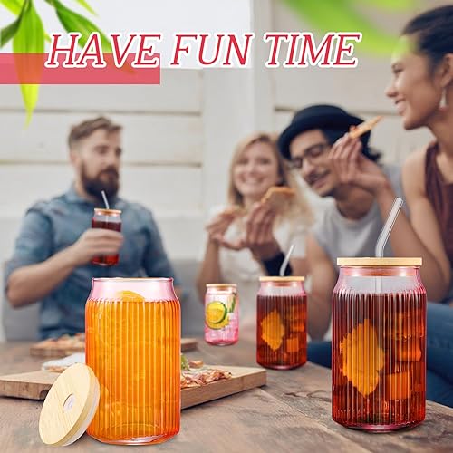 Miniatura 5 de Juego de 4 tazas de vidrio acanalado rosa con tapas y pajitas, tazas de café helado de 16 onzas, juego de cristalería vintage acanalada para té,