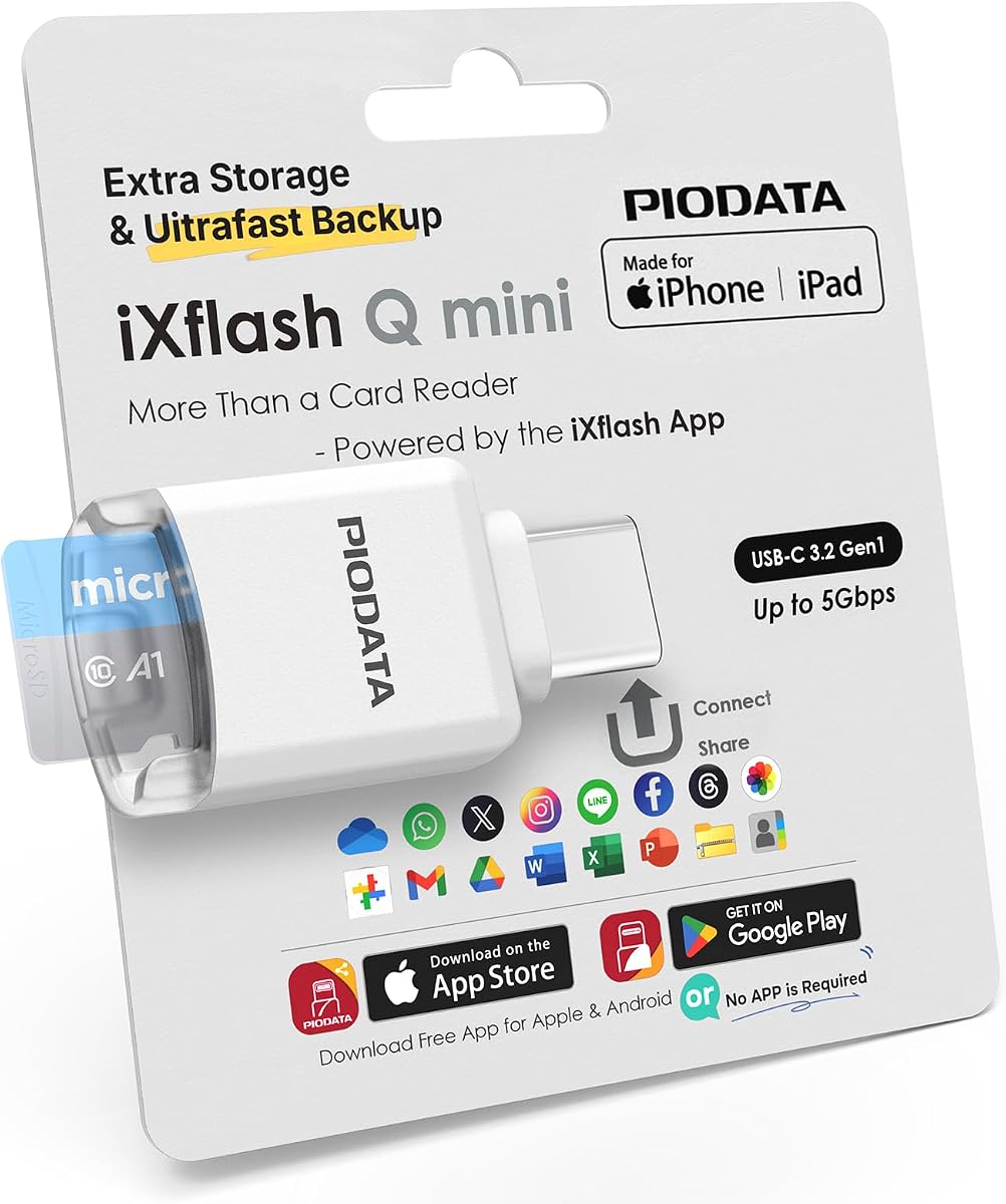 MFi USB-C Micro SD Card Reader for iPhone, iPad & Android White | Works with or without the free app. Auto backup, 4K/1080p iPhone direct recording, media playback, USB 3.2 and 2TB support