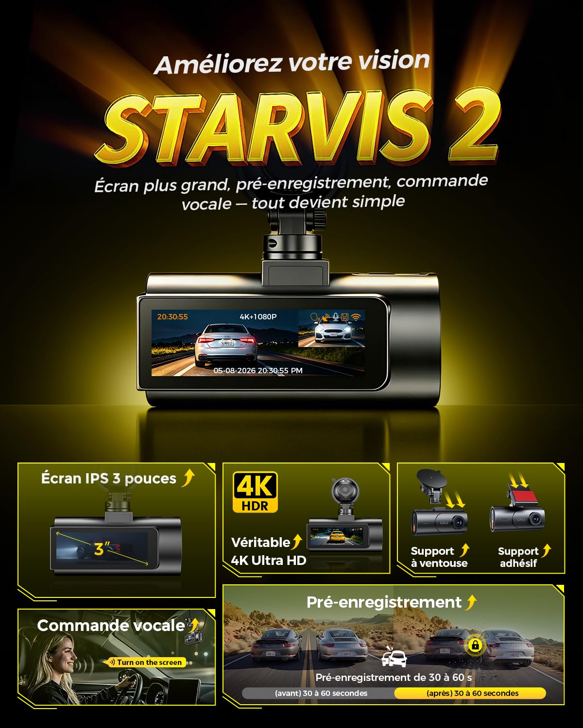 GKU Caméra de Tableau de Bord de Voiture Avant et arrière 4K avec STARVIS 2, écran IPS 3", WiFi 6, GPS, Enregistrement en Boucle, préenregistrement en Collision, Prend en Charge 512 Go Maximum