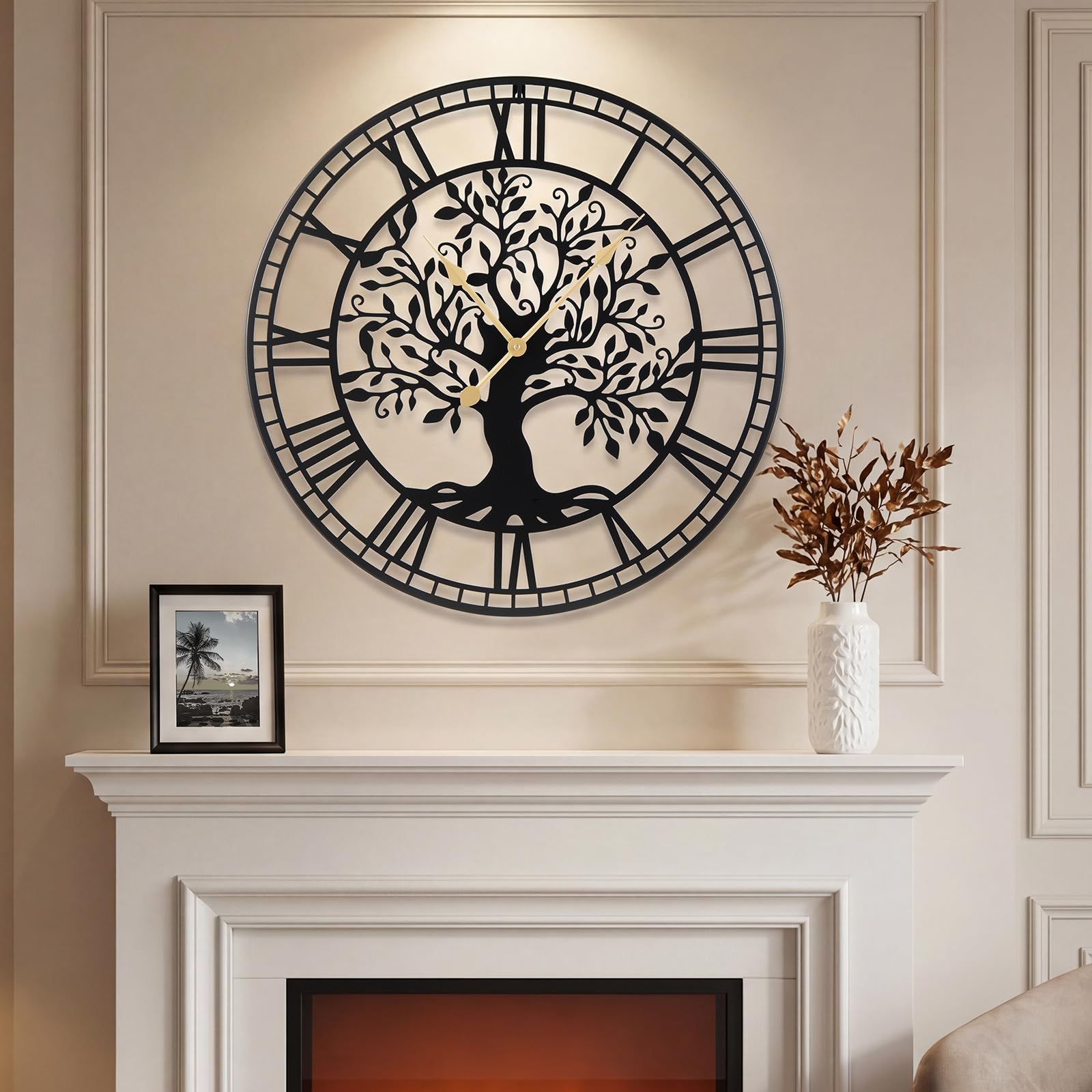 COSTWAY Orologio da Parete Grande da 68 cm, con Albero della Vita in Metallo, Orologio Decorativo Silenzioso Senza Ticchettio, per Soggiorno, Camera da Letto e Cucina, Nero