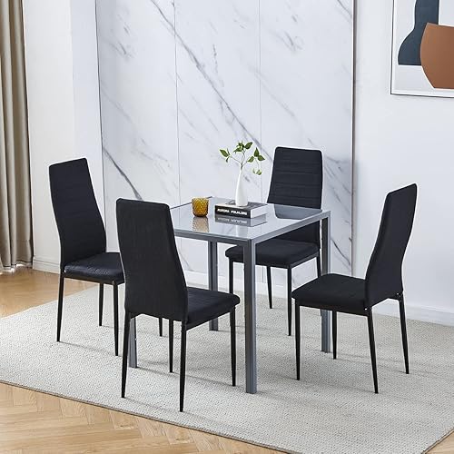 Miniatura 14 de Juego de 4 mesas de comedor y sillas de comedor de cristal negro de 5 piezas, moderna mesa cuadrada de cocina pequeña y 4 sillas de comedor que
