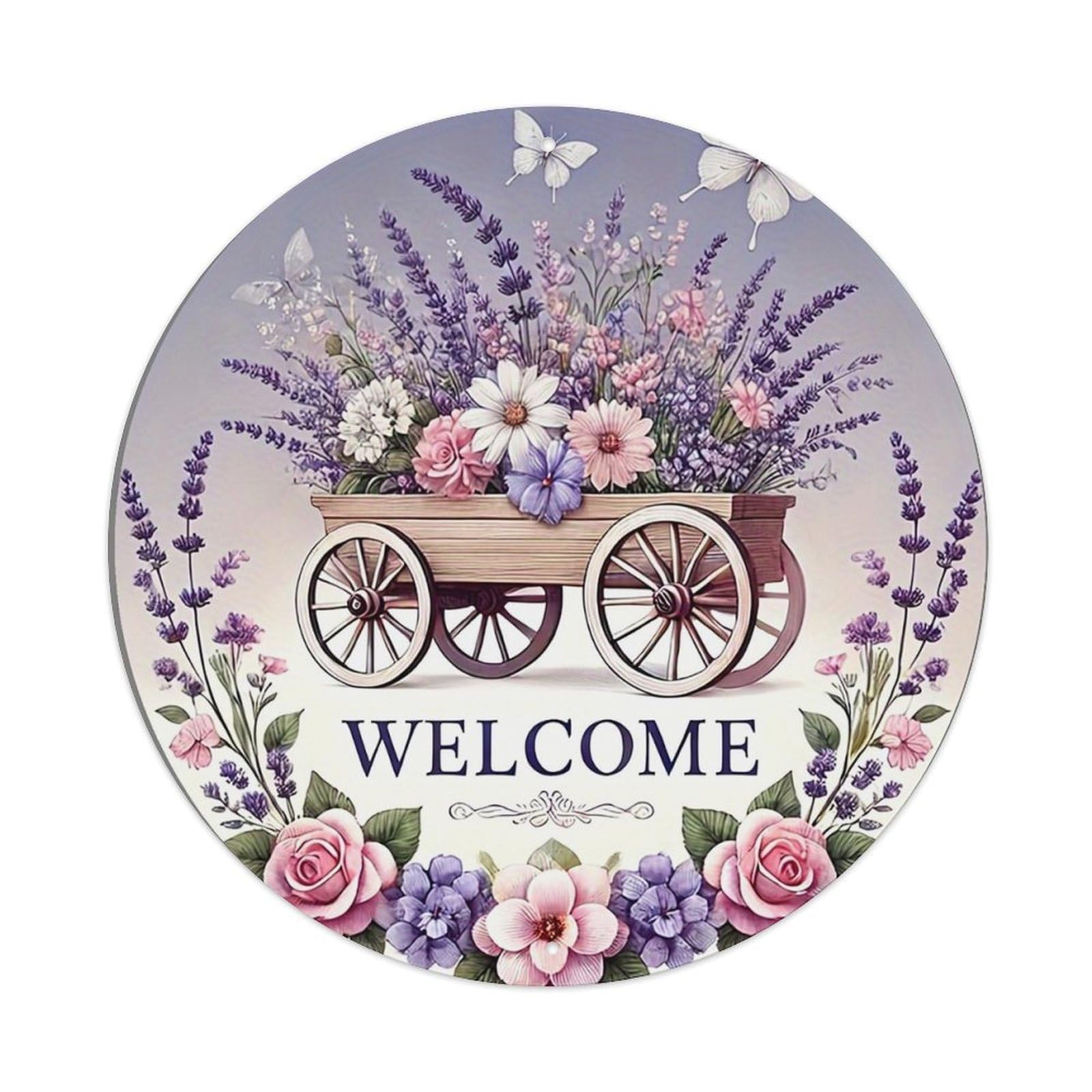 Floral Wagon Welcome Lavender Butterflies Round Metal Tin Sign Vintage Wall Decor, Bar Garage Cafe Kitchen Home Wall Art Poster 8x8inches