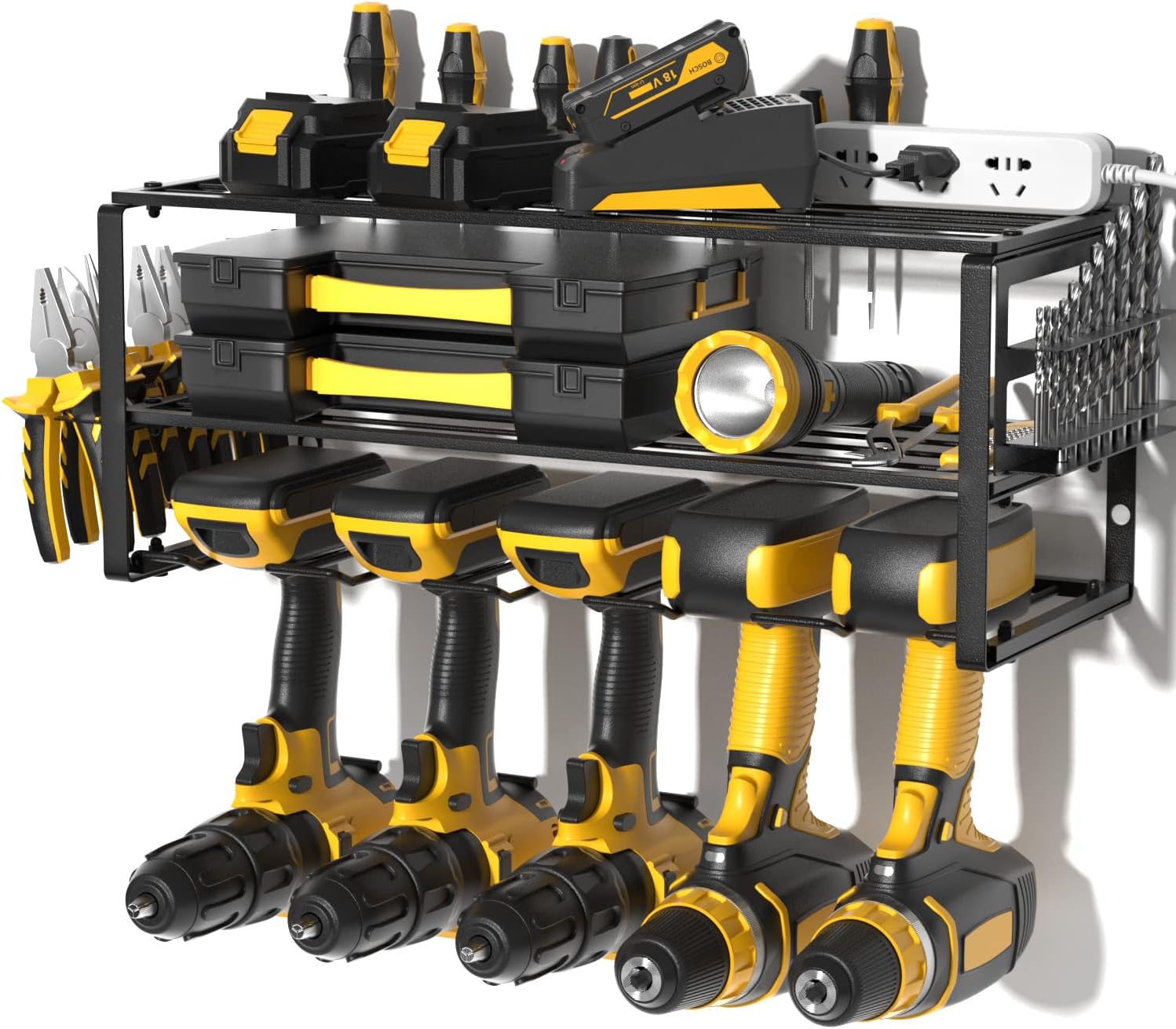 Power Tool Organizer Wall Mount, 5 Slot Cordless Drill Holder Battery Charging Station Storage Rack, Multi-function Garage Pegboard Tool Organizer for Tidying Up Parts Bin, Wrench, Pliers, Screwdrivers, Bit