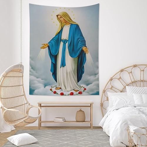 Miniatura 17 de HVEST Tapiz cristiano de la Virgen María y Jesucristo en el Paraíso para colgar en la pared, de Ángeles en el Cielo, para dormitorio, sala de estar