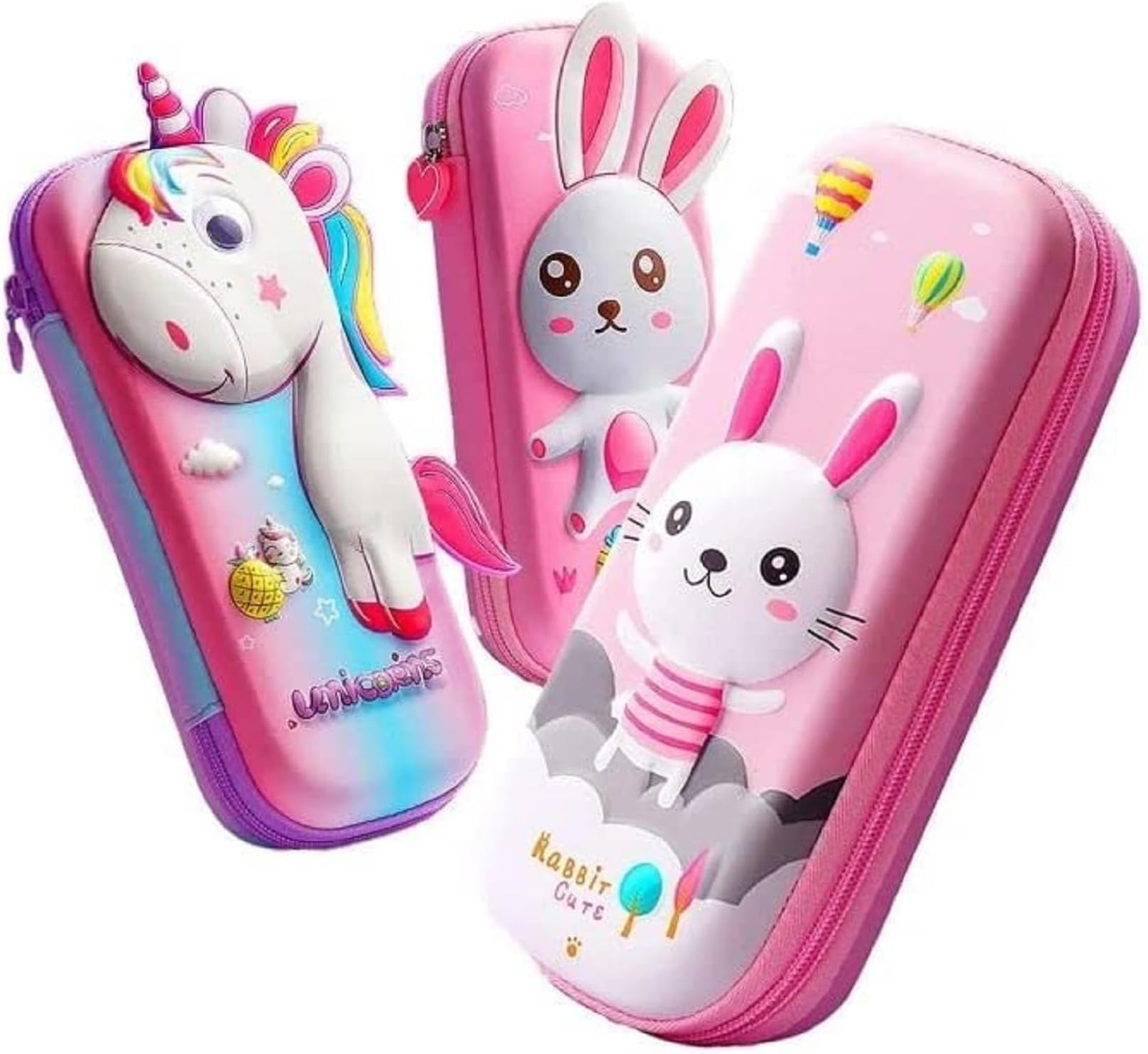 Leather Premium Rabbit Style And 3D Unicorn Travel Accessories Cover Pencil Compass Organizer School Kids Girls Multipurpose (Pink)