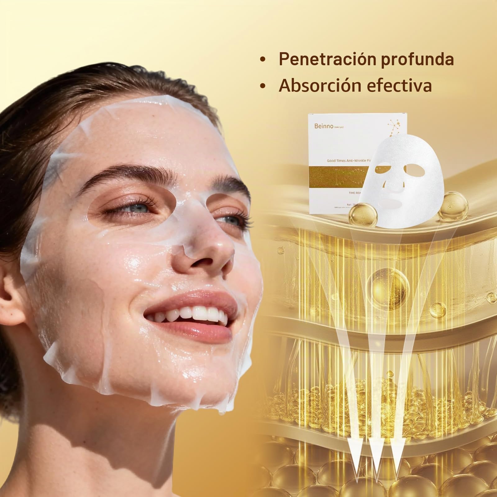 Mascarillas Faciales Reafirmantes y Luminosas Beinno - Mascarilla Facial que Ayuda a Reducir la Apariencia de Arrugas, Promover un Cutis Radiante, Mejorar la Apariencia de la Elasticidad, Paquete de 5