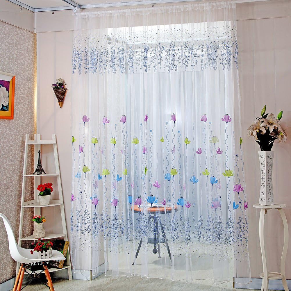 Norbi Fresh Floral Print Tulle Voile Door Window ROM Curtain Drape Panel Sheer Scarf Valances (Blue C)