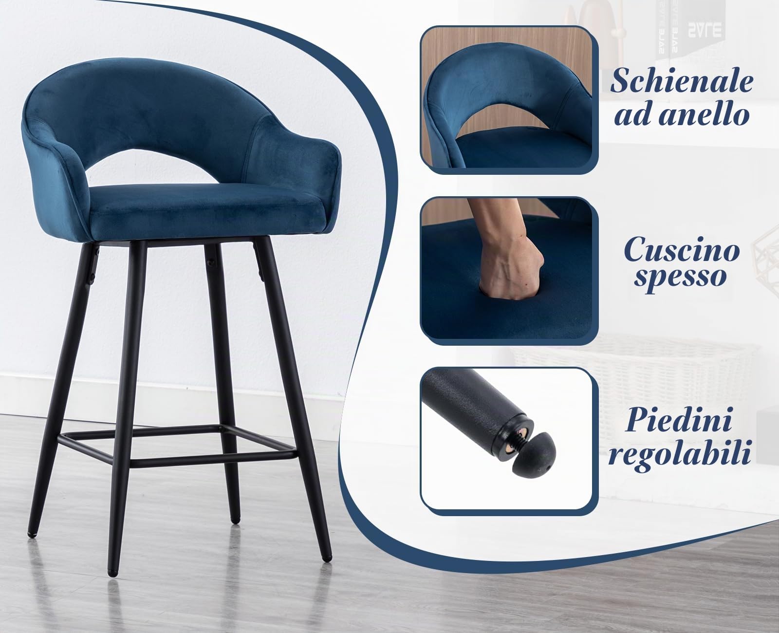 Ya-Home Set di 2 Sgabelli Cucina Sgabelli da Bar in Velluto, Blu