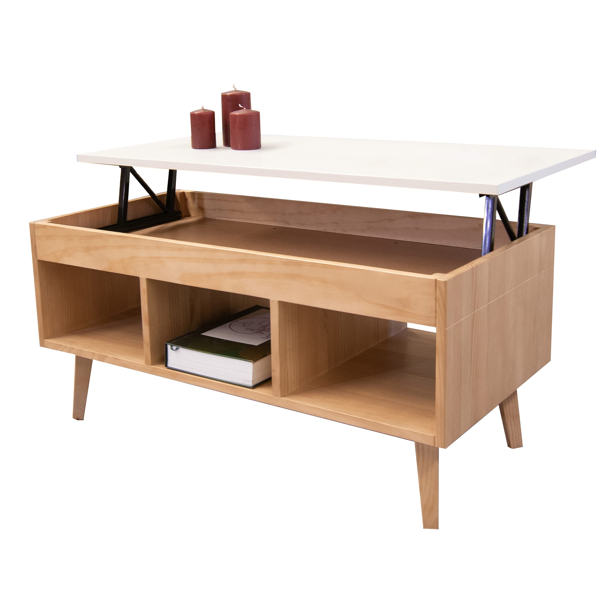 LoMasCasa - Mesa de Centro Salón Elevable Colección Karla 11 en Madera Maciza de Pino Natural Ecológica Estilo Nórdico en Color Madera y Blanca con Tres Huecos y Medidas 100x50x47 cm