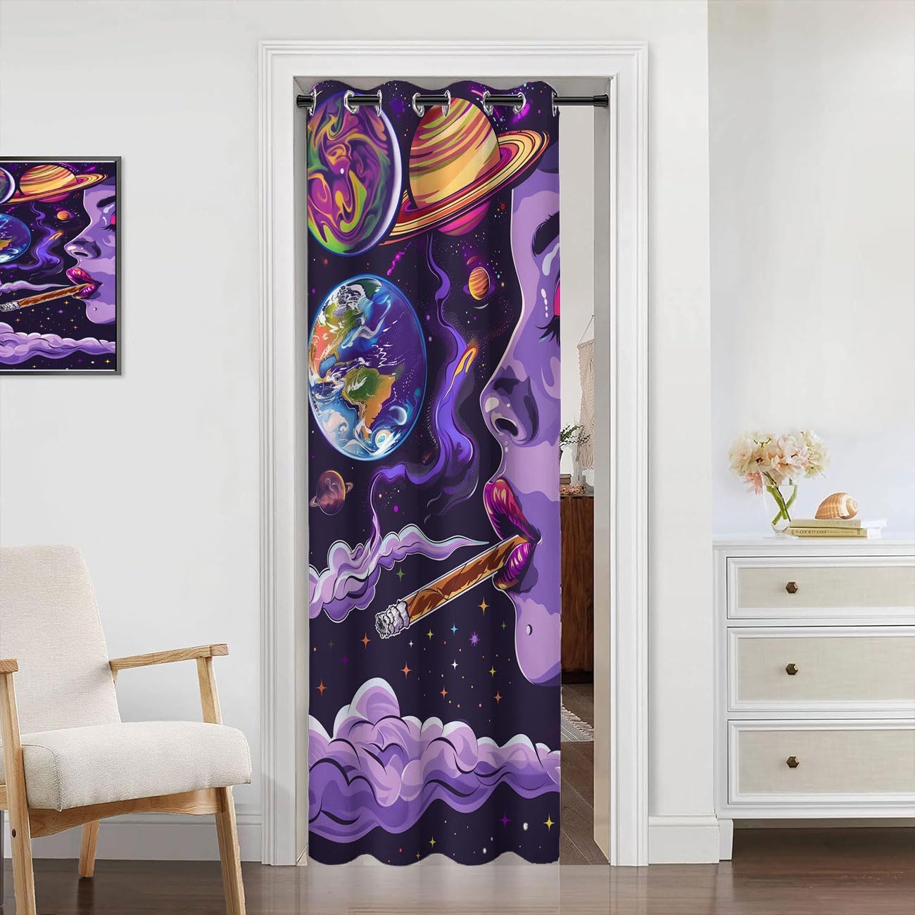 Hippie Doorway Curtain, Anime Cool Aesthetic Trippy Space Room Darkening Blackout Curtain for Privacy Bedroom Doorway Living Room, 1 Panel 34" W X 80" L