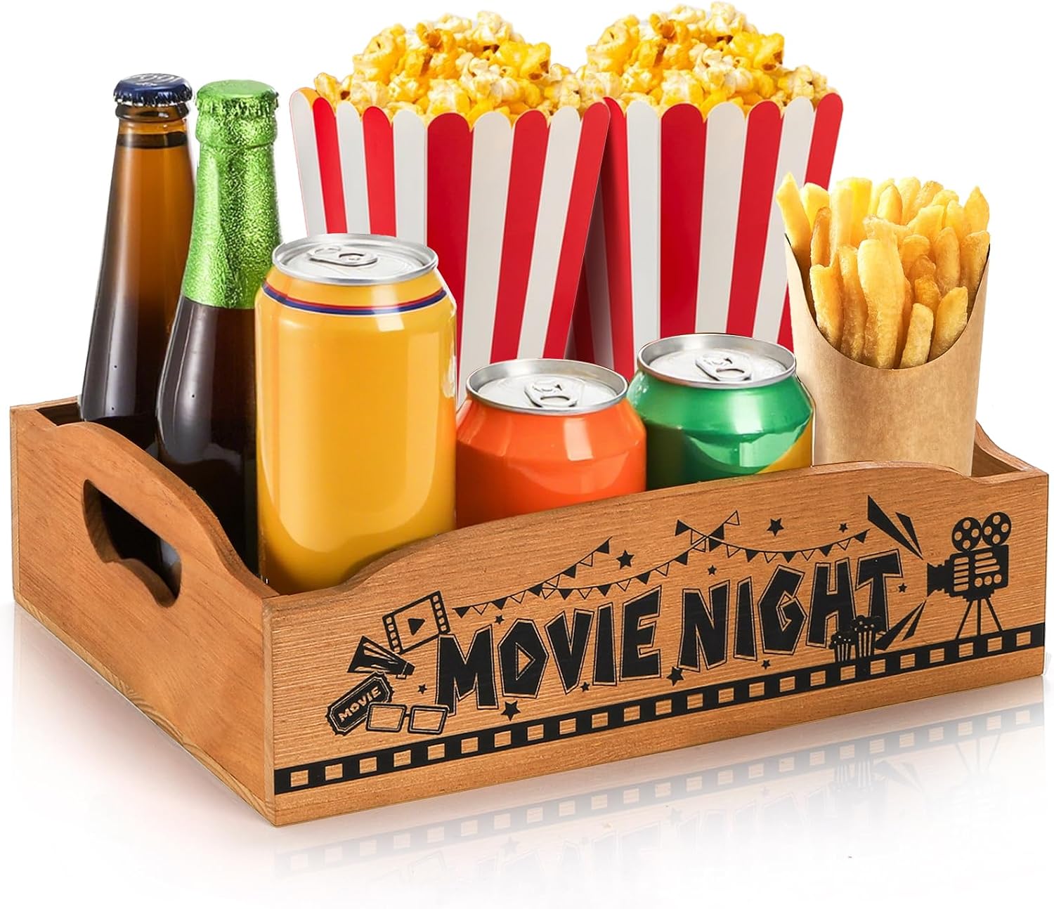 Tebery Movie Night Snack Tray with Handle, Wooden Snack Popcorn Basket Box, Reusable Countertop Snack Holder Organizer, Sturdy Movie Game Night Supplies for Family Night Party