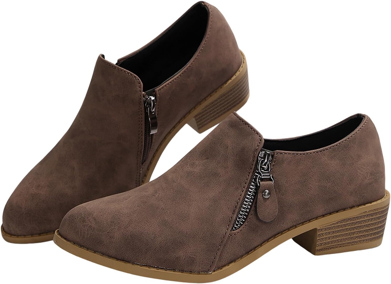 Women's Casual Suede Dark Zip Large Size Flat Opening Block Heel Pointed Toe Ankle Boots Short Boots