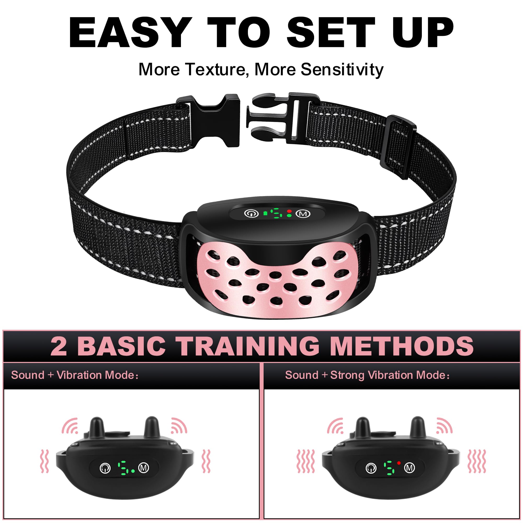 Collare Anti Abbaiamento per Cani, Ricaricabile e a Vibrazione - Impermeabile IP67 per Cuccioli e Adulti - Efficace e Confortevole - Rosa