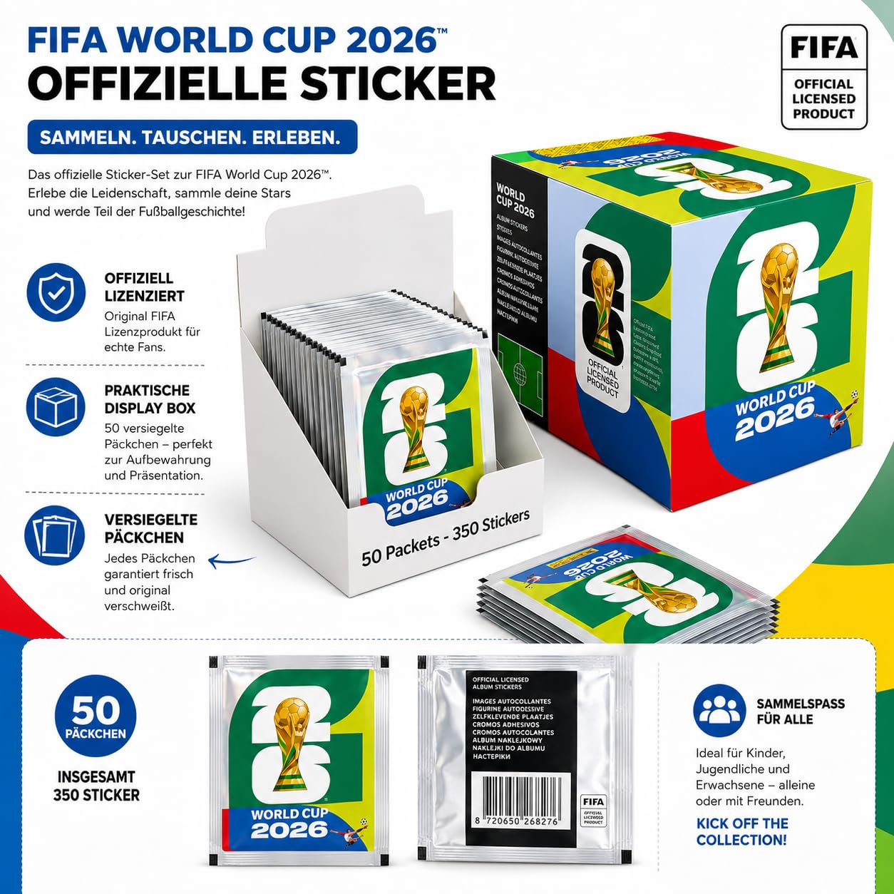 Fußball Sticker 2026, Box mit 50 Stickertüten, 350 Stickern zum Sammeln und Tauschen, Geschenkidee für Fußballfans und Sammler