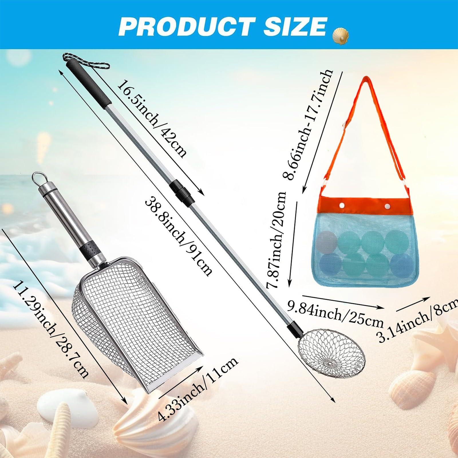 3Pcs Shelling Tools for Beach Include Beach Mesh Shovel, Sand Sifter with Extra Long Adjustable Handle and Mesh Beach Bag, Collecting Shells Beach Toys or Kids Girls Boys(3Pcs)