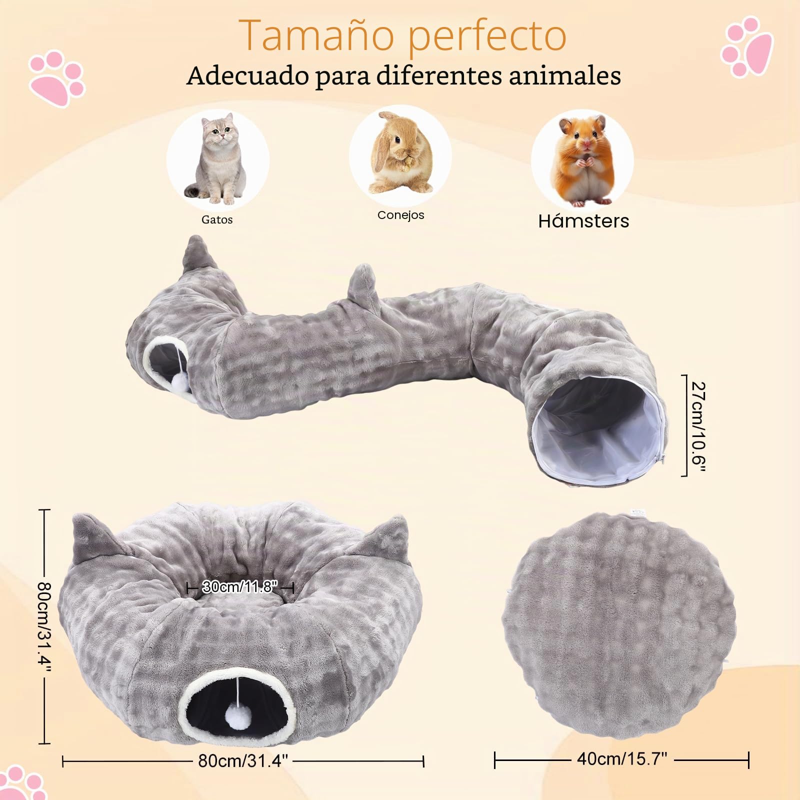 Tunel para Gatos, Túnel de Juego y Cama Gato 2 en 1 con Juguetes Colgantes, Cat Tunnel con 2 Entradas, Cojín Circular Lavable, Túnel para Gatos Plegable para Gatitos/Cachorros/Conejos