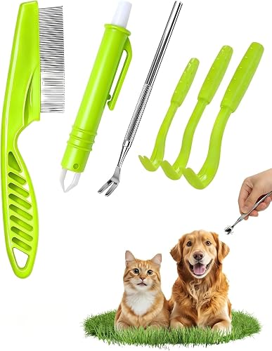 LANCI Tick Removal Tool 6-in-1 Kit, Green, Stainless Steel Fork with Flea Comb, 3 Twister Hooks and Soft Pen, for Dogs, Cats, Horses and Humans