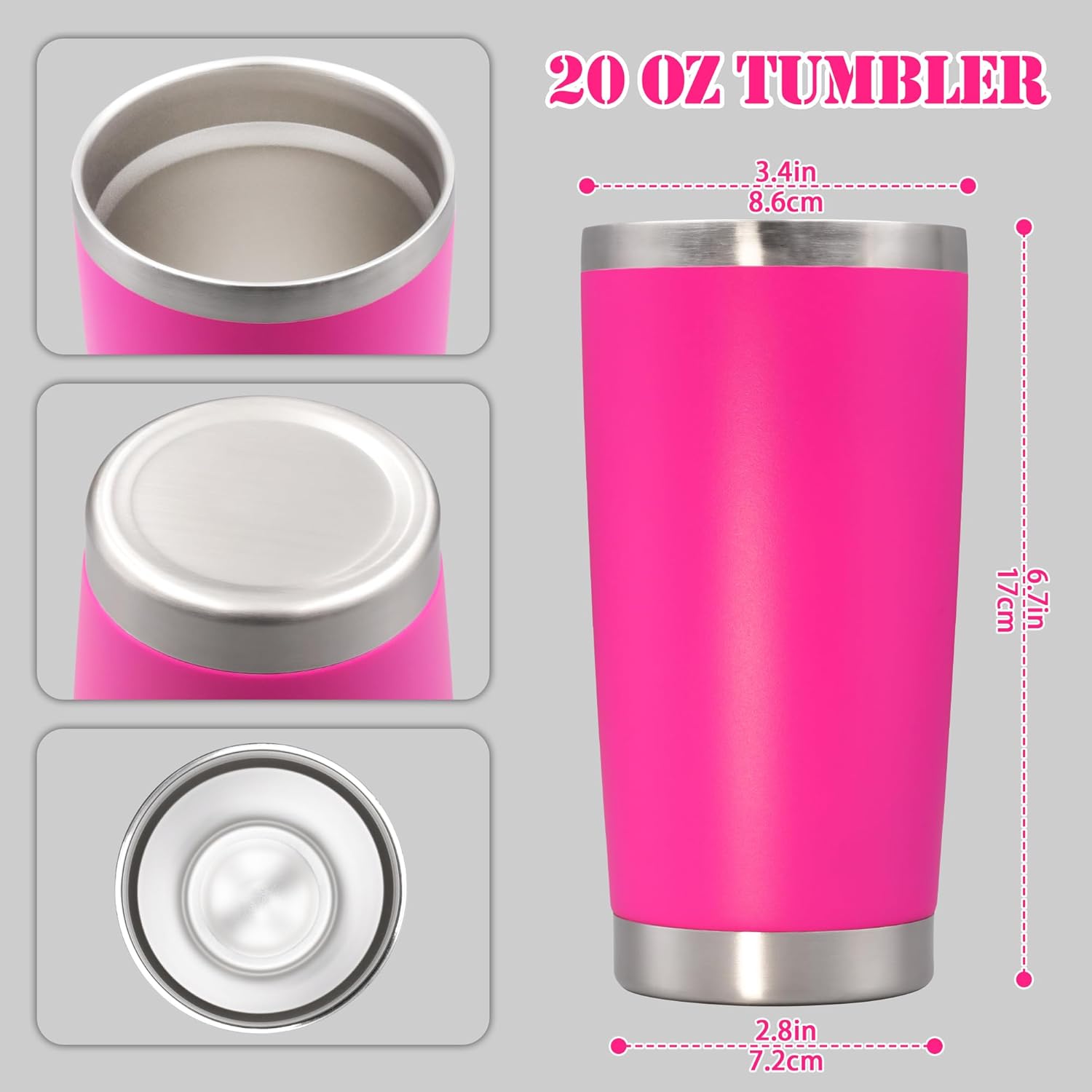 20 oz Tumbler with lid Double Wall Vacuum Insulated Tumblers Stainless Steel Coffee Mug Travel Coffee Tumbler Powder Coated Tumbler Cup Keep Hot&Cold - (Hot Pink 1 Pack) - Image 5