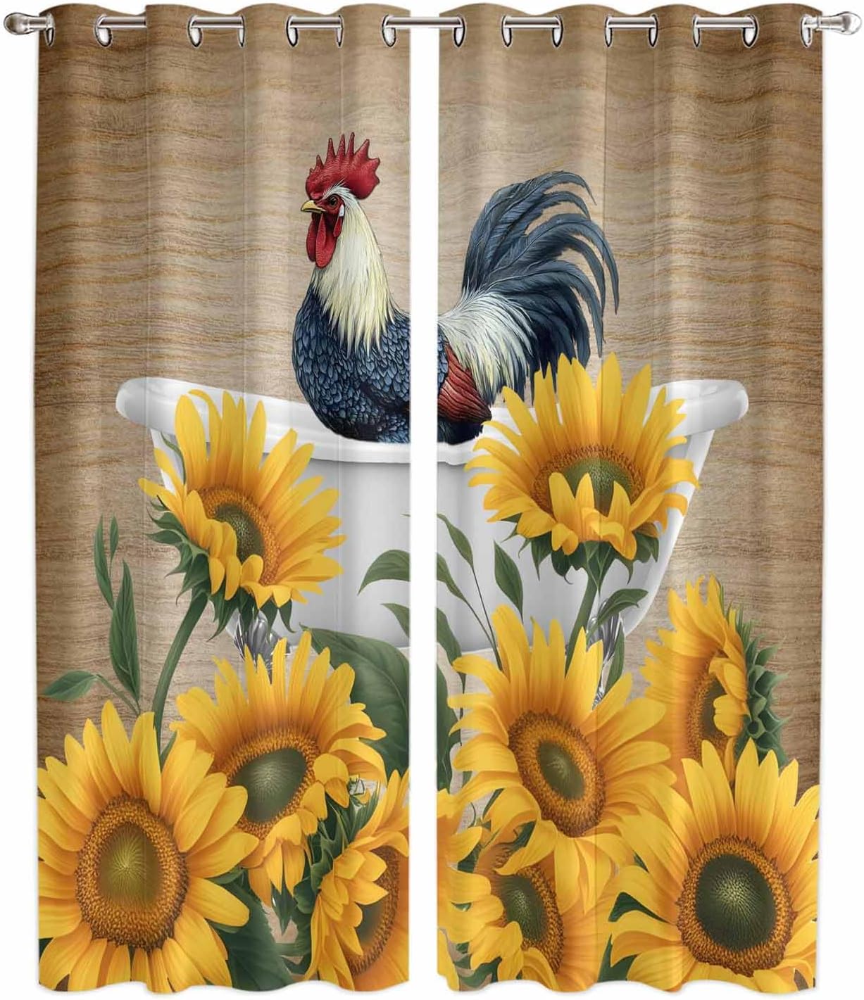 Vintage Farm Rooster and Sunflowers Kitchen Curtains Window Drapes Treatment, 2 Panels Sheer Curtains for Kitchen Cafe Office, 104W x 96L inch