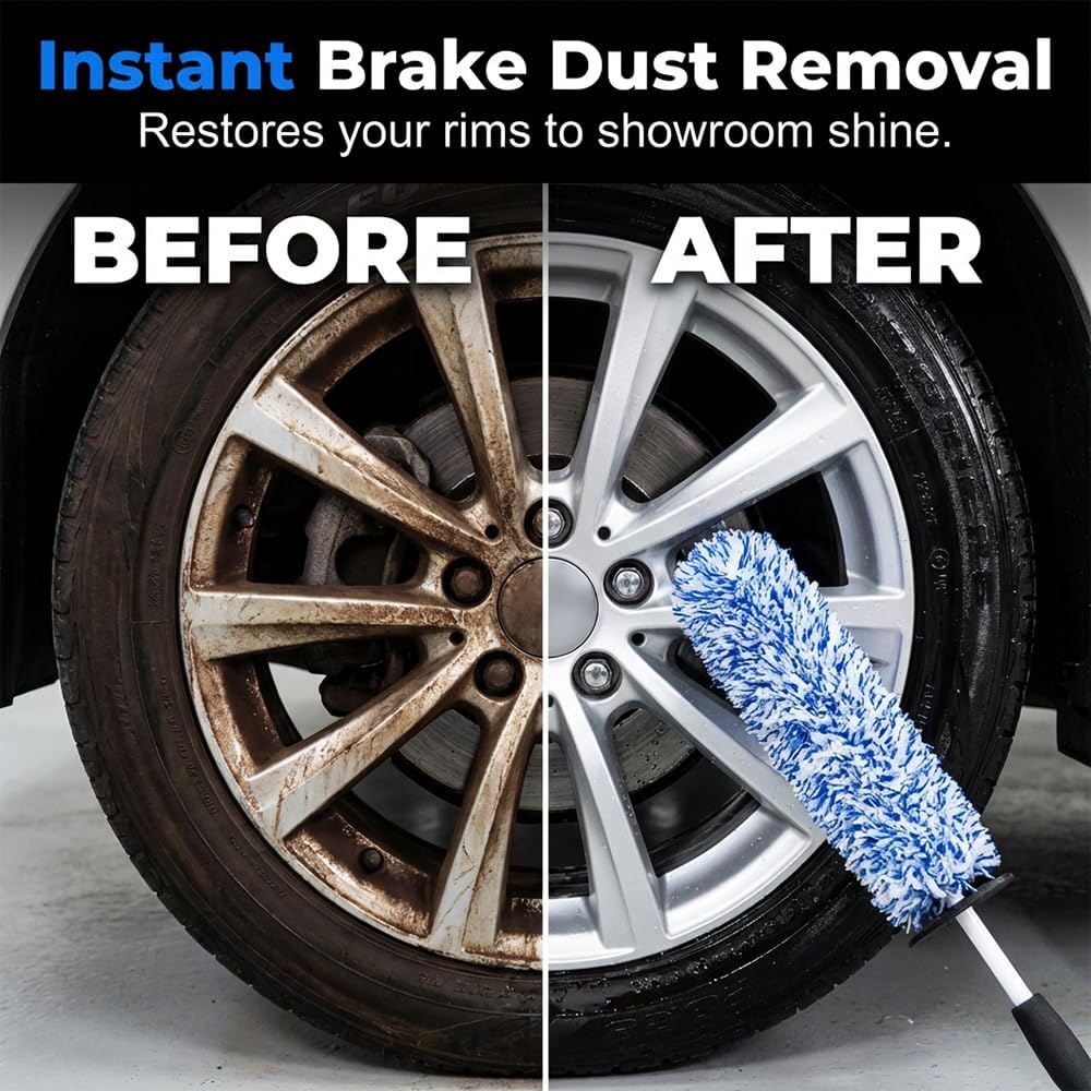 Long-Handle Microfiber Wheel Barrel Brush, Car Exterior Interior Dusting Brush, Effortless Reach for Rims & Tight Spots, Soft Non-Scratch Wool, Essential Tool for Auto Enthusiasts (Blue*2)