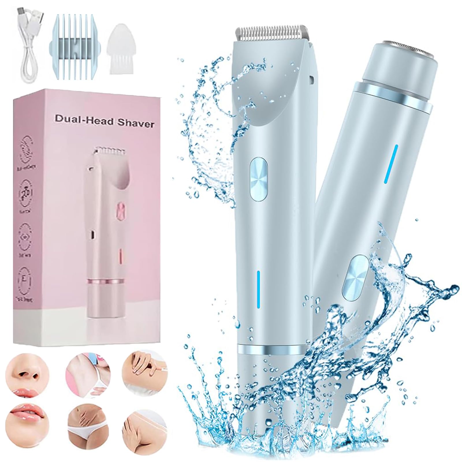 Glow Aura Womens Shaver, 2 in 1 Bikini Trimmer for Women USB Rechargeable, IPX7 Waterproof Wet & Dry Electric Razors, Painless Hair Remover for Bikini