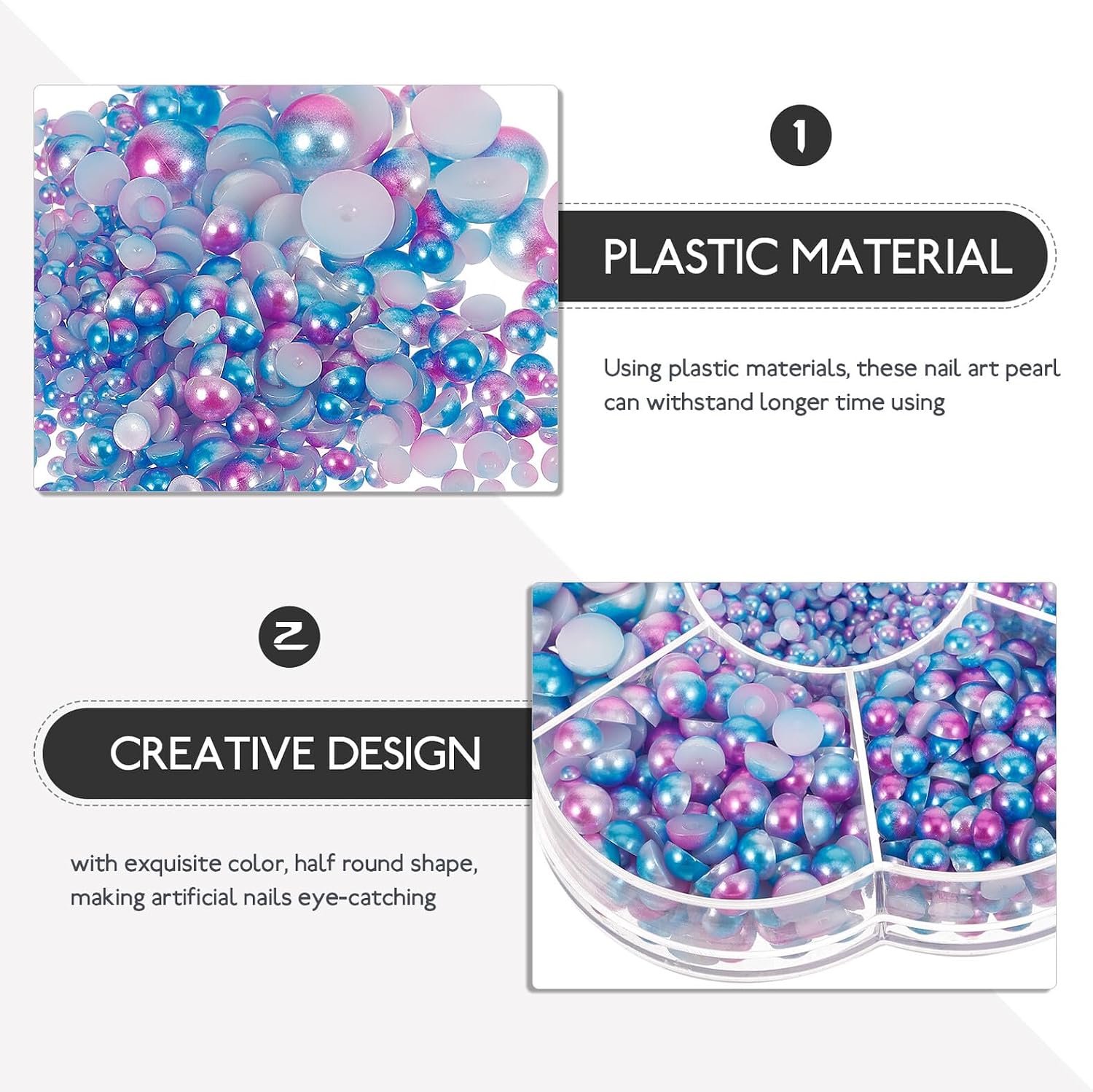 Half Round Manicure Nail Pearls 7-Compartment Floral Storage Box Decorative Pearl Charms for Nail Art and DIY Crafting Ab Coating