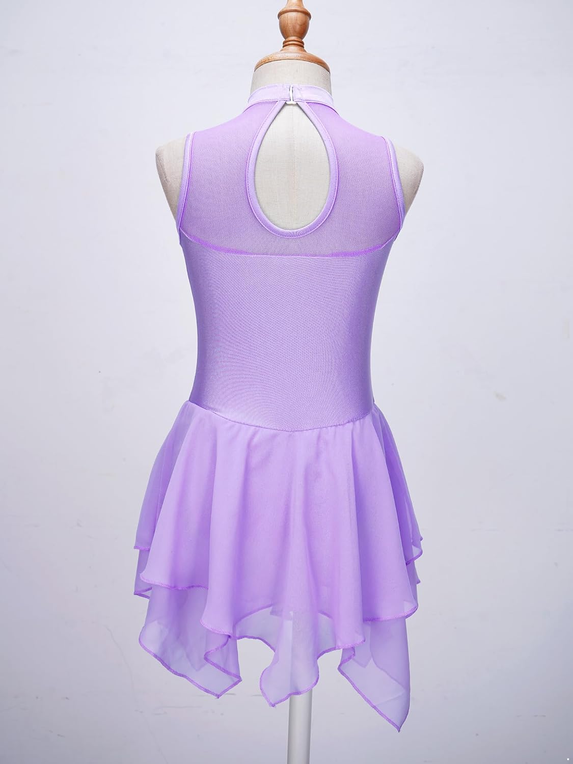 Shinsto Kids Girls Figure Skating Dress Rhinestones Sleeveless Mock Neck Asymmetrical Hem Lyrical Dance Dress