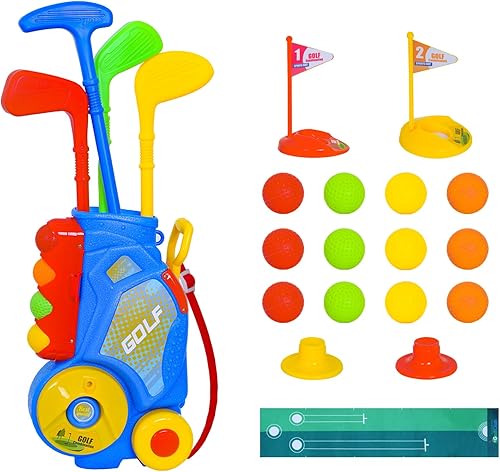 Nattork Juego de golf para niños y niñas a partir de 3 años, carrito de golf mejorado para niños con 4 palos y 12 pelotas, juguete deportivo para