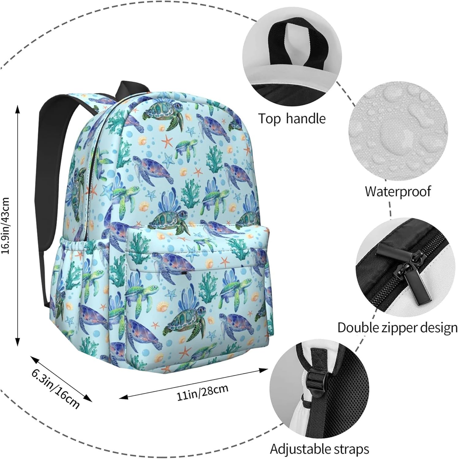 Sea Turtle Backpack for Women 16.7 inch Travel Casual Laptop Backpack Lightweight Waterproof Durable Hiking Daypack - Image 3