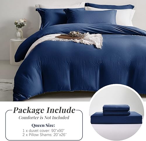 Miniatura 7 de MILDLY Funda de edredón tamaño Queen  Juego de funda de edredón súper suave de 3 piezas, 100% microfibra lavada, juego de ropa de cama azul marino