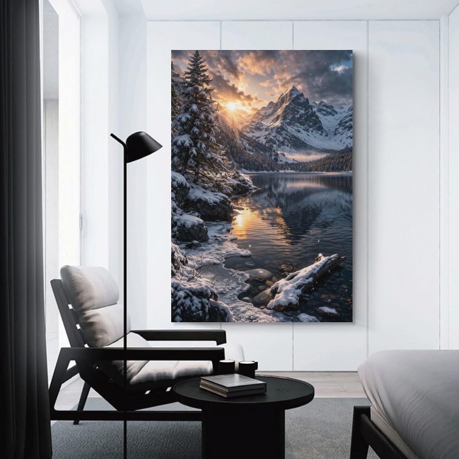 Junmoney Unframe-Style-21 Wall Picture Print Snowy Mountain Lake At Sunset, 20X30inch(50X75cm), For Entrance Walls, Hall Decor Or Foyers, Home Artwork For First Impressions