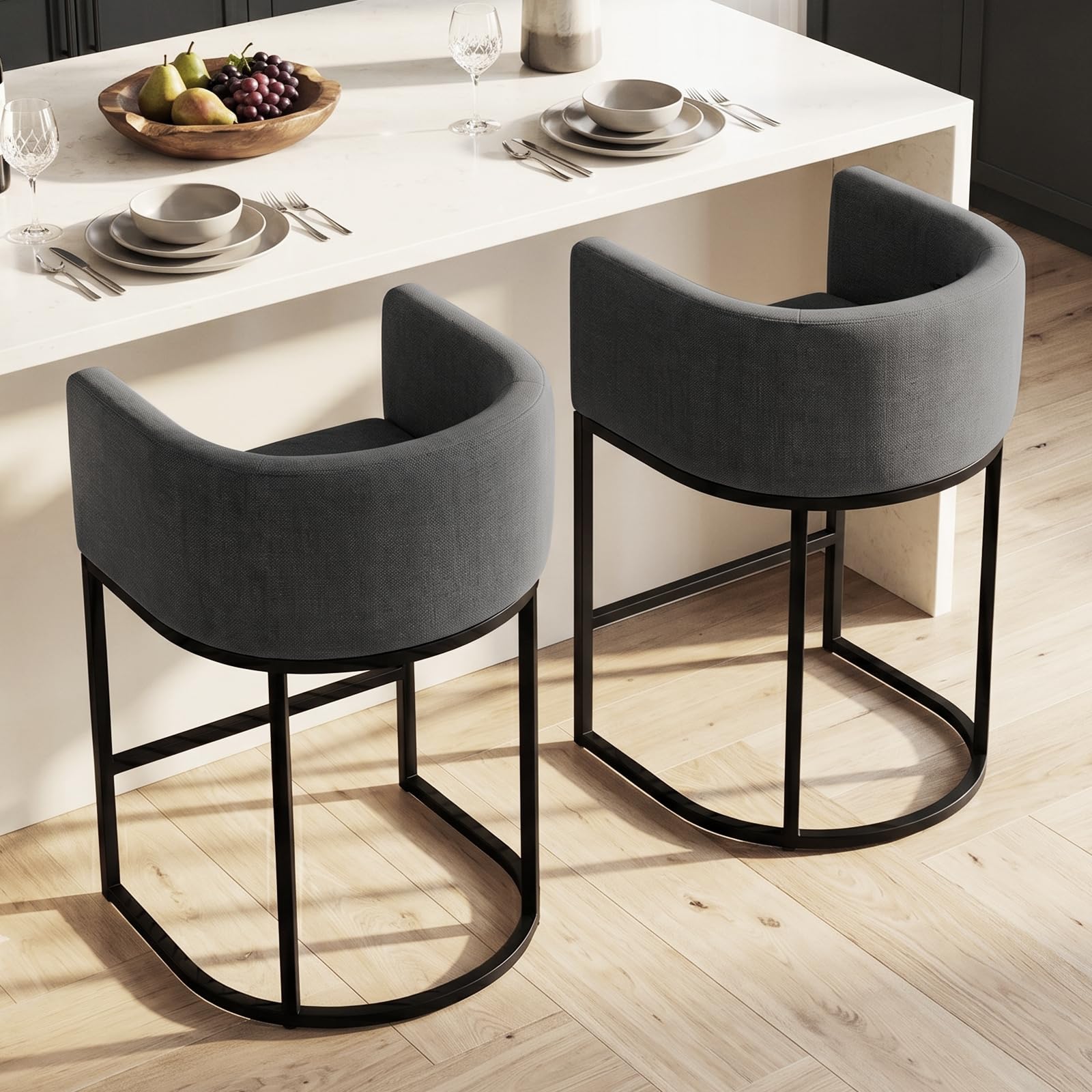 Counter Height Bar Stools Set of 2, 24 Inch Seat Height Barstools for Dining Room, Fabric Upholstered Bar Chair for Kitchen Island, Linen Counter Stools with Metal Legs, Carbon Black