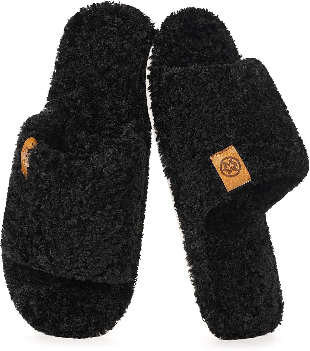 Fuzzy Open Toe Slippers for Men Indoor House Slipper | Soft Memory Foam,Slip On Cozy Bedroom Slippers,Lightweight Non-Slip Home Slides