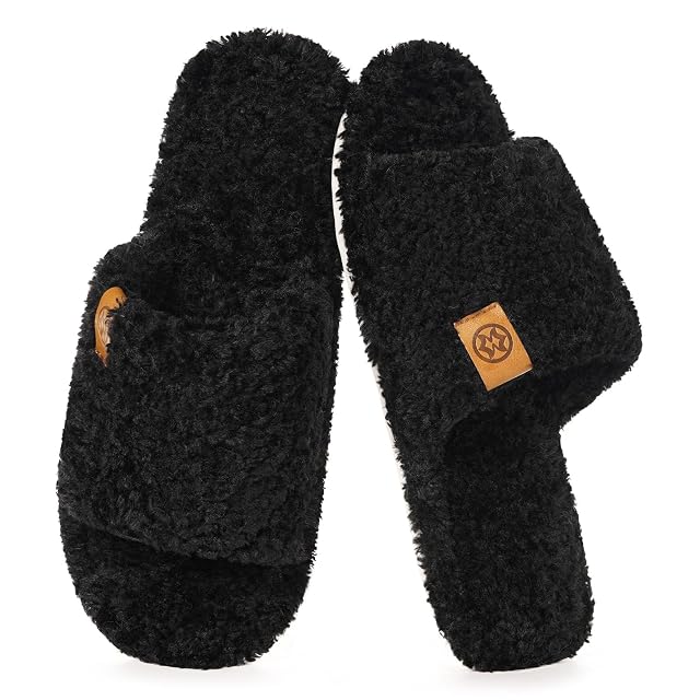 Dokela Fuzzy Open Toe Slippers for Men Soft Memory Foam Indoor House Shoes Slip On Cozy Bedroom Slippers