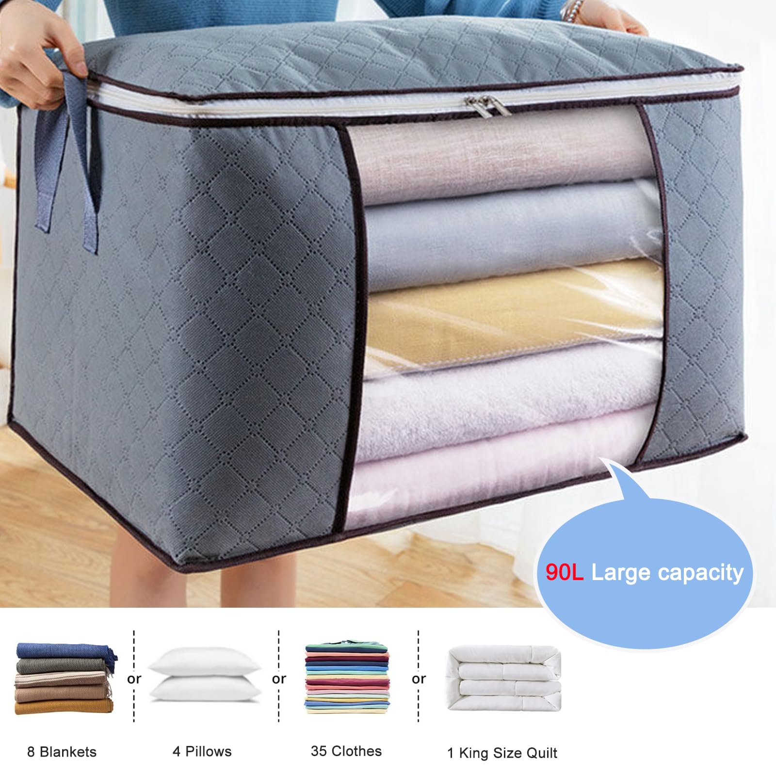 JAECU 4 Pezzi 90L Scatole per Vestiti Salvaspazio, Scatola per Armadio Pieghevole Porta Abiti con Manico Rinforzato, per Coperte Biancheria da Letto, 60x43x35cm