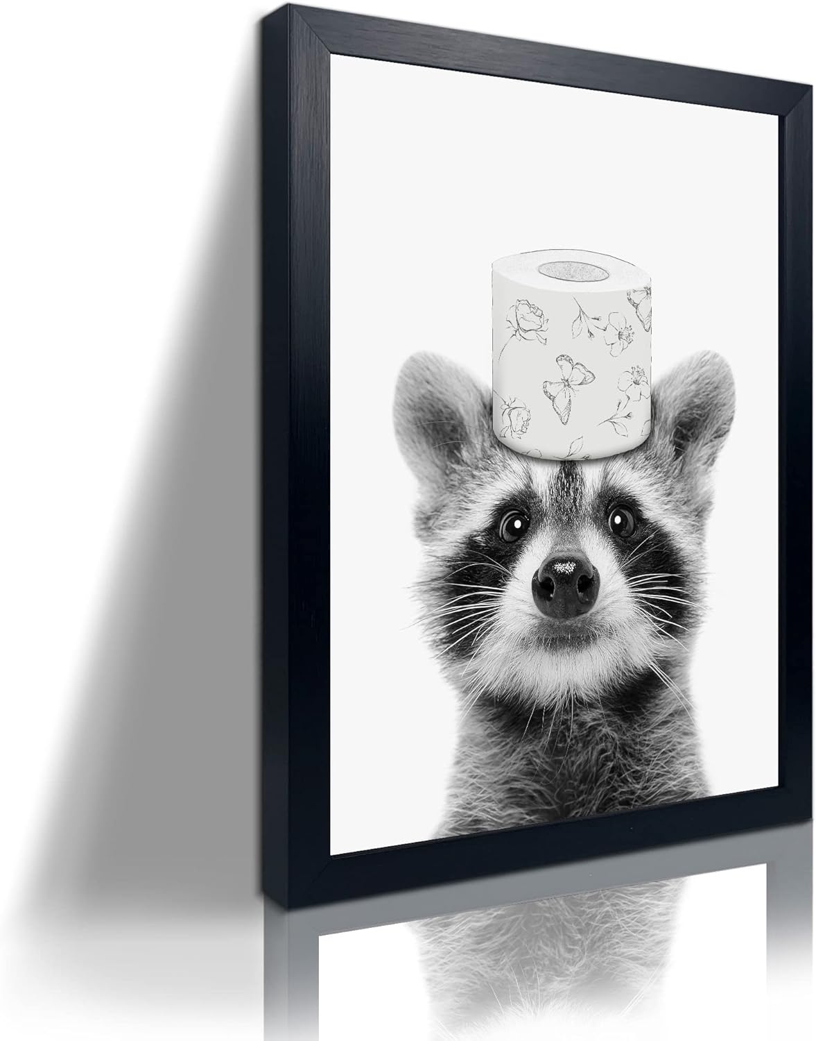 Funny Raccoon Framed Wall Art in Toilet,Black and White Toilet Paper Raccoon Canvas Wall Art Prints Farmhouse Bathroom Decor,Humor Animals Bathroom Painting Canvas Rustic Style Artwork(12"x16",