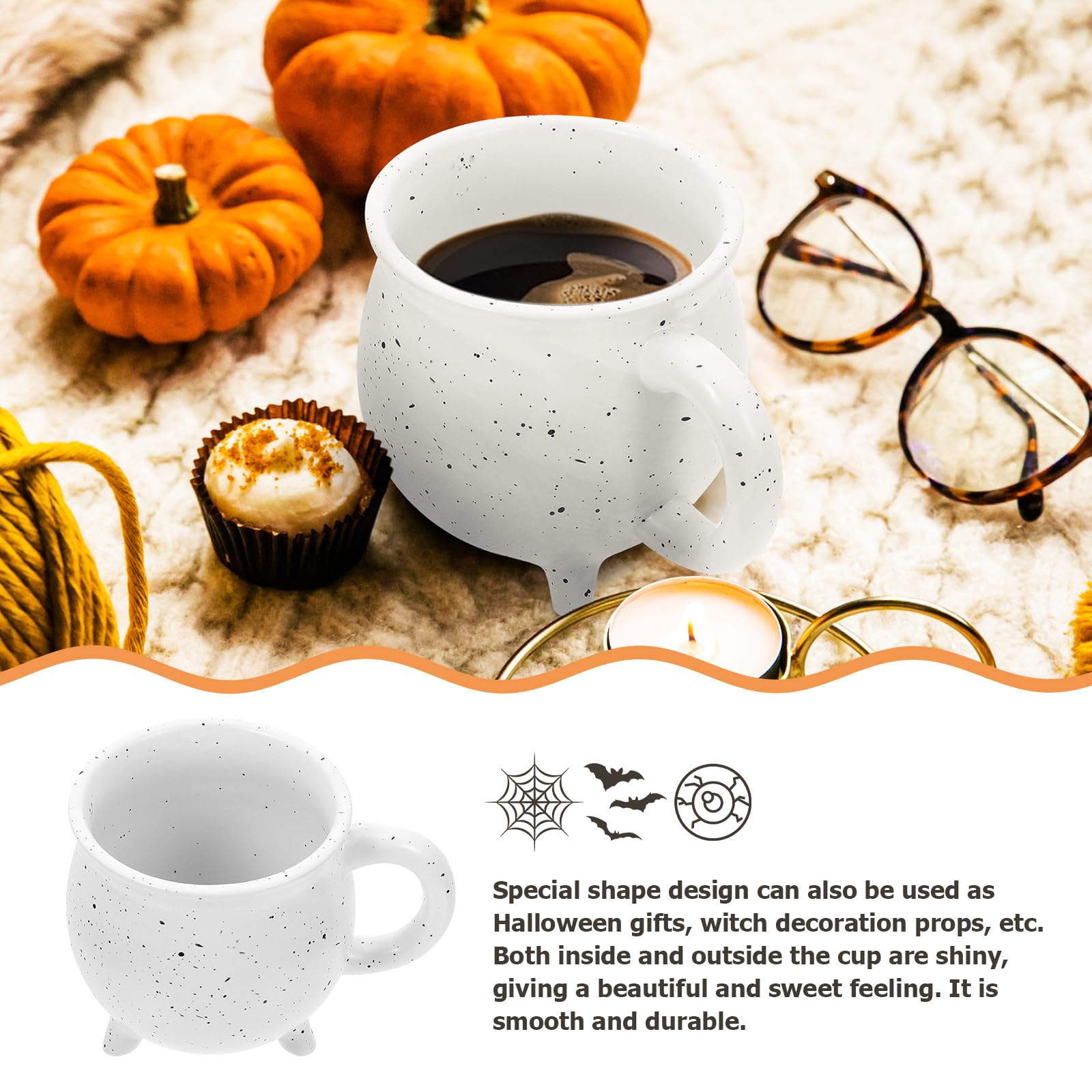 POPETPOP Kreativer Keramik Kaffeebecher 450ml Weiß mit Rutschfestem Griff Halloween Wasser und Latte Tasse Langlebige Teetasse als Geschenk für Familie Freunde