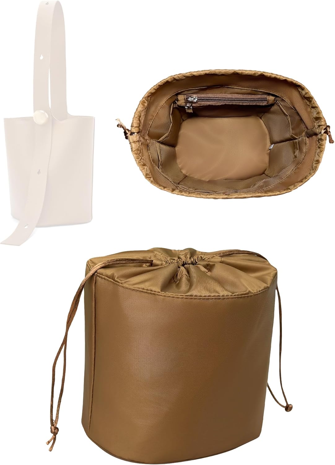 Purse Organizer Insert, Nylon Zipper Inner Liner Bag for Loewe Pebble Bucket Bag Slim Drawstring Inside Storage Bag In Bag Organizer Insert (Style-02, Medium)