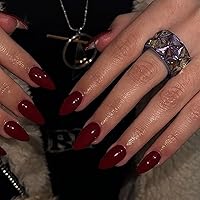 Vista 3 de 48 piezas de uñas postizas a presión color burdeos, uñas falsas en forma de almendra, pegamento para uñas, uñas de longitud media
